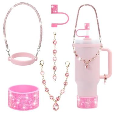 Imagem de 3tyto Conjunto de acessórios de copo Stanley com strass, capa de canudo brilhante de 1 cm, alça de garrafa de diamante, pingentes de glitter, bota de silicone brilhante 850 g/1,134 g (rosa, serve para