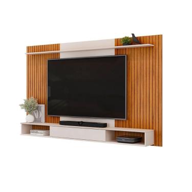 Imagem de Painel Leo Com Ripas E Prateleira Freijó Com Off White