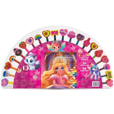Imagem de Livro Brinquedo Ilustrado KIT Divertido Princesas com 20 Lápis de COR 