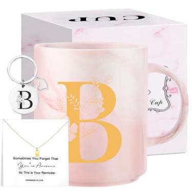 Imagem de Presentes de Natal com monograma para mulheres, caneca de chá de cerâmica inicial de 325 ml com colar, presente de aniversário exclusivo para sua esposa, professora, amiga, mãe, B
