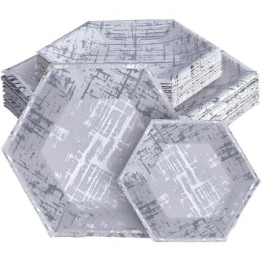 Imagem de Pratos de papel hexagonal Arctic Silver - (19 cm - 26 cm) conjunto de 36 - perfeitos para casamentos, aniversários, jantares casuais ou uso diário