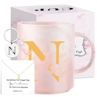 Imagem de Presentes de Natal com monograma para mulheres, caneca de chá de cerâmica inicial de 325 ml com colar, presente de aniversário exclusivo para sua esposa, professora, amiga, mãe, N