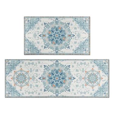 Imagem de zhinvdzuyu Conjunto de 2 tapetes de cozinha Boho Farmhouse - Tapetes de microfibra absorventes antiderrapantes para pia e lavanderia, decoração country vintage (43 x 119 cm + 43 x 76 cm)