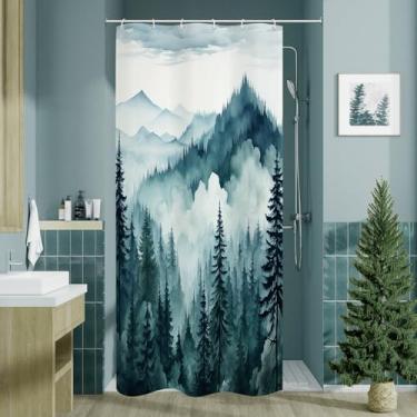 Imagem de Litabel Cortina de chuveiro azul pavão pequena tenda floresta de pinheiros enevoados 91 x 189 cm, paisagem de floresta nebulosa de montanha, cortinas de chuveiro estreitas de meio tamanho para
