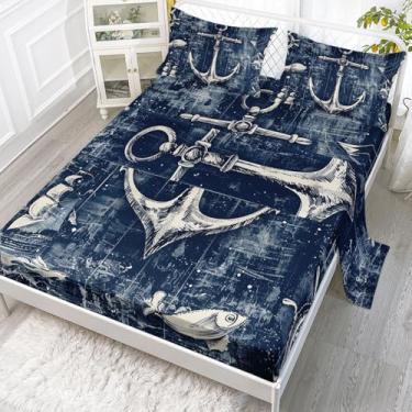 Imagem de Smell Sunshine Jogo de lençol solteiro com gancho de barco com estampa oceânica, 4 peças, para adolescentes, meninos, meninas, com 1 lençol de cima e 1 lençol com elástico + 2 fronhas (gancho de barco