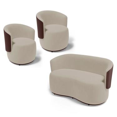 Imagem de Kit 2 Poltronas E 1 Namoradeira Aisha Orgânica Composê Sintético Marrom E Suede Bege - Desk Design