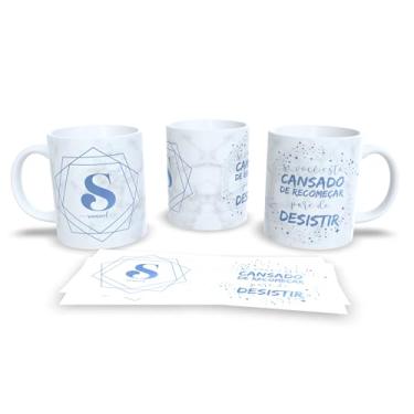 Imagem de Caneca de Cerâmica Personalizada com Monograma e Frase Motivacional, Mármore Branco e Azul, 325ml, Design Geométrico (s)