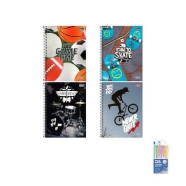 Imagem de Kit Caderno Universitário Vibe Masc 1M 80F Tilibra + Caneta Esferográfica Spiro 0.7mm + Marca Texto Lumini Pastel