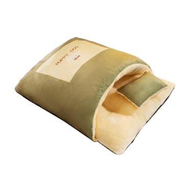 Imagem de Generic Cama de gato para animais de estimação, saco de dormir com travesseiro e colchão de pelúcia pequeno, confortável, para animais de estimação, S Green