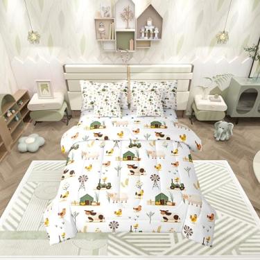 Imagem de Erosebridal Conjunto de edredom solteiro de animais de fazenda, 7 peças, para crianças, meninos, meninas, galinhas, ovelhas e vacas em uma bolsa com lençóis, conjunto de cama rústica com moinho de