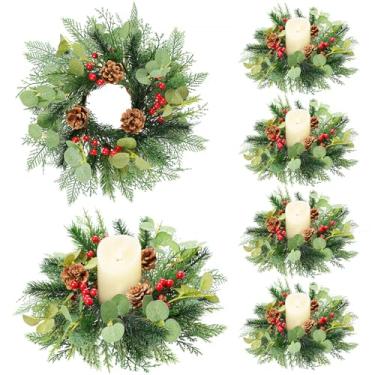 Imagem de 6 anéis de vela de Natal, guirlanda de pinheiro norfolk, guirlanda de folhas de eucalipto, guirlanda de pinhas vermelhas, guirlandas, guirlandas de pinheiro nevado artificial, suporte de vela para