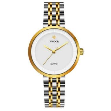 Imagem de Relógio Feminino De Quartzo Minimalista Pulseira De Aço Inoxidável A Prova D´agua Branco Dourado