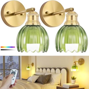 Imagem de VOLISUN Arandelas de parede vintage operadas a bateria, com abajur de vidro tulipa verde, arandelas de parede sem fio, conjunto de dois, luzes de parede alimentadas por bateria recarregável, arandelas