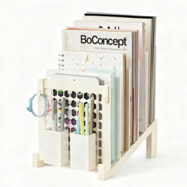 Imagem de Organizador de arquivos para mesa com caixa de armazenamento e gancho, organizador de arquivos de mesa inclinado com suporte de arquivo vertical de 5 seções adequado para organização de documentos de