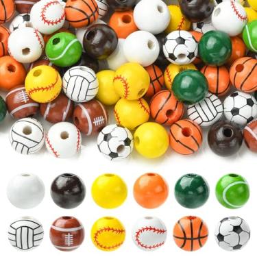 Imagem de LiQunSweet 100 peças de estilos mistos 16 mm bolas esportivas contas de madeira tema esportivo chiclete contas redondas grossas para joias faça você mesmo, pulseira, colar, brinco, artesanato, bolsa