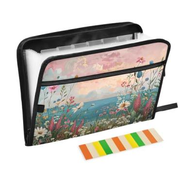Imagem de Wassud Pasta organizadora de arquivos sanfonada flores à beira-mar com letras A4, pasta organizadora de documentos, pasta de arquivos expansível, 13 bolsos