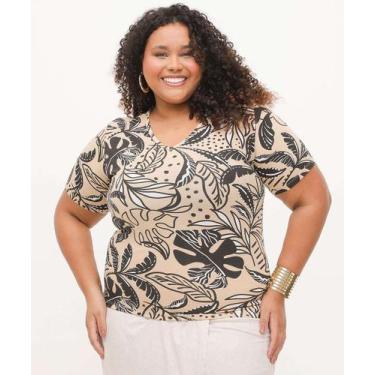 Imagem de Blusa Plus Size Feminina Estampa Folhas Marisa-14004, Bege, G2