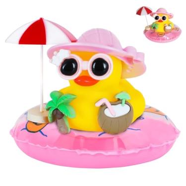 Imagem de FINEED Decorações engraçadas de carro de pato de borracha amarela com óculos de sol, chapéu, coco, palmeira, guarda-chuva e anel de natação - Ornamentos de painel estridentes para interior de carro