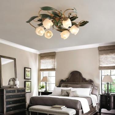 Imagem de Lustre retrô em ferro bronze com formato de flor e trepadeira, soquete E14 e cúpula de vidro, estilo antigo, ideal para restaurantes, salas de estar, salas de jantar e quartos com iluminação