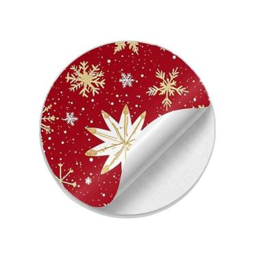 Imagem de Adesivos Redondos Natalinos 25 Unidades Fundo Vermelho Com Flocos Dourados - Tamanho 50x50cm