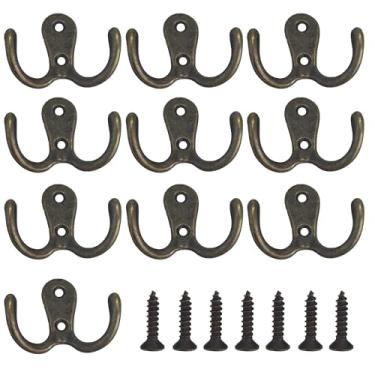 Imagem de PDETVEO 10 ganchos de parede de pino duplo, cabides decorativos para casacos com parafusos de montagem, ganchos montados na parede para toalhas, roupas, bolsas, cozinha, banheiro (Bronze)