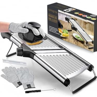 Imagem de LUXELLSTAR Cortador de alimentos mandoline ajustável para cozinha, batata, cenoura, cebola, tomate, cortador de legumes - aço inoxidável, incluindo um par de luvas resistentes a cortes de proteção