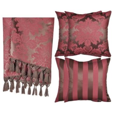 Imagem de Kit Manta para Sofá Jacquard 1.8x1.4m + 4 Capas de Almofada 45x45cm - Conjunto Protetor e Decorativo com Franjas Artesanais(Marrom e Vermelho 70)