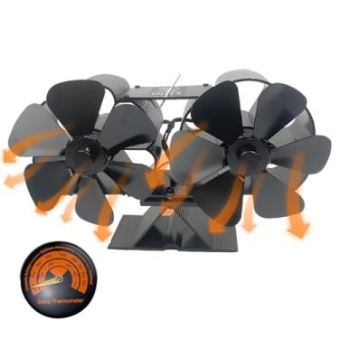 Imagem de YUHOME Ventilador de fogão a lenha, motores duplos silenciosos, 4 lâminas, ventilador de lareira não elétrico ativado por calor com suporte e termômetro magnético, perfeito para fogão a lenha/queimador de lenha