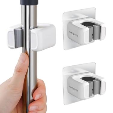 Imagem de 2 peças/conjunto de suporte de esfregão e vassoura montado na parede, sem furadeira, suporte de armazenamento de parede para cozinha e banheiro, branco