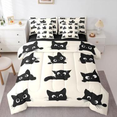 Imagem de Erosebridal Jogo de cama solteiro de gato fofo com lençol para crianças, meninos e meninas (preto e bege) - Conjunto de cama de 7 peças de gatos pretos engraçados em uma bolsa, conjunto de colcha de