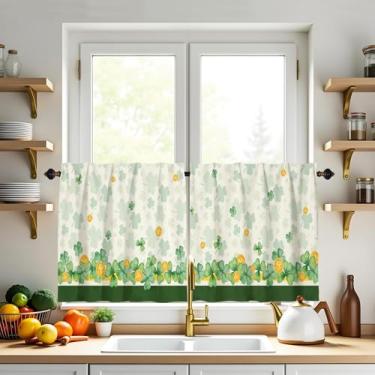 Imagem de XYTIDUKEJI Conjunto de cortinas de cozinha trevo verde do dia de São Patrício, trevo irlandês, cortina curta, moeda dourada, conjunto de 61 cm, janelas para café, sala de estar, sobre a pia do quarto