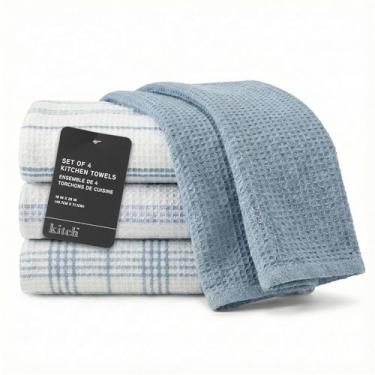 Imagem de MosJos Toalhas de mão de cozinha de algodão, azul e branco, 45 x 71 cm, conjunto de pano macio super absorvente, pacote com 4