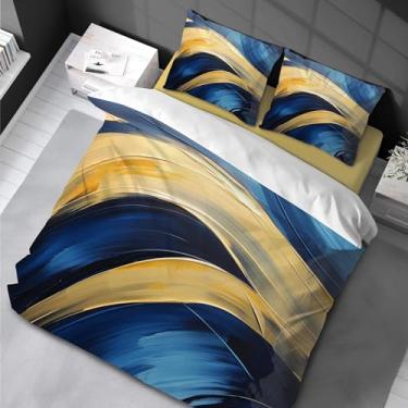 Imagem de Conjunto de edredom de mármore King azul dourado aquarela estampa de mármore capa de edredom adulto com fronha 155 x 220 cm -80 x 80 cm x 2 cm