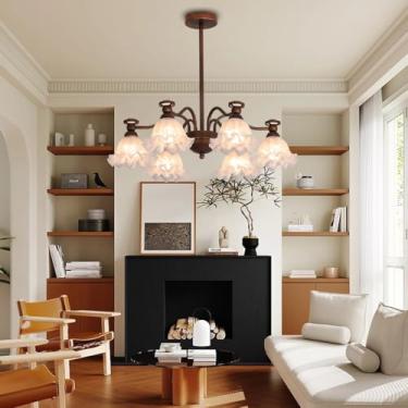 Imagem de Lustre vintage de vidro com 8 lâmpadas, luminária de teto em bronze com cúpula em formato de flor, luminária pendente de metal antigo, ideal para casa de campo, restaurante, cozinha, sala de