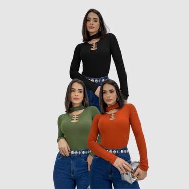 Imagem de Kit 3 Body Blusinha Manga Longa Gola Choker Detalhe Argola Inverno Ele