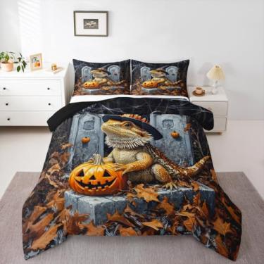 Imagem de Jogo de cama queen com dragão barbudo mágico, folha de bordo, lápide de abóbora, decoração de quarto de meninas, meninos, edredom de animais misteriosos, conjunto de edredom laranja e cinza, 2 fronhas