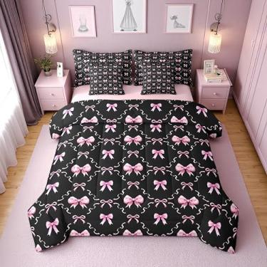 Imagem de Erosebridal Conjunto de edredom completo de gravata borboleta rosa e preta com lençol para meninas | Jogo de cama com laço de fita rosa fofo, 7 peças para crianças, mulheres, cama de gravata borboleta