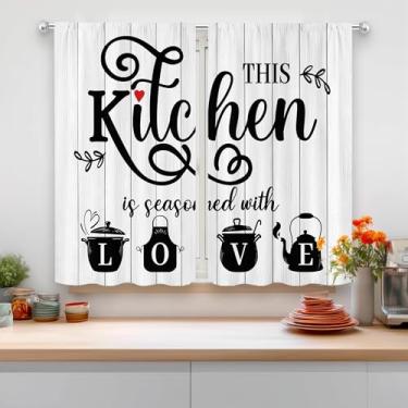 Imagem de MESHELLY Cortinas de cozinha abstratas de madeira 70 x 99 cm de altura com bolso para varão vintage rústico com citações positivas panelas contemporâneas cortinas de janela de quarto impressas em casa