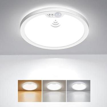 Imagem de BLNAN Luz de teto com sensor de movimento, com fio, 8,7 polegadas 3000K 4000K 5000K selecionável LED luminária de montagem embutida, luz ativada por movimento com temporizador para armário de escada