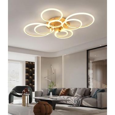 Imagem de Luminária de teto LED 150w de alto brilho para sala de estar, dourada, moderna, dimerizável com controle remoto, ideal para quarto (dourada, 8 anéis).