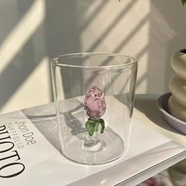 Imagem de Copo de vidro de 300 ml, caneca de suco de café com leite, presente de vidro transparente para amigas e mulheres (rosa rosa)