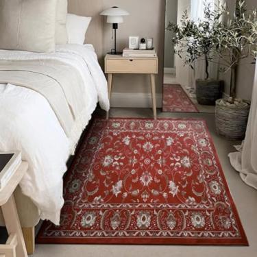 Imagem de 1 Tapete Quarto Beira Cama Antiderrapant 150X200 Js Do Pe Vr (M10 Vermelho - Classico Floral Flores Medalhão)