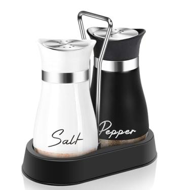 Imagem de Conjunto de saleiro e pimenteiro com suporte, saleiro inferior de 120 ml com tampa de aço inoxidável para utensílios de cozinha, mesa de cozinha, presente de inauguração de casa, decoração de Natal
