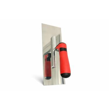 Imagem de Desempenadeira de Aço Inox 14 x 30 cm, Cantos Quadrados, Cabo Ergonômico Vermelho e Preto, para Acabamento Fino e Nivelamento