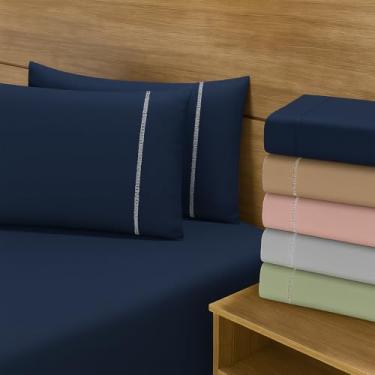 Imagem de Jogo de Lençol - Jogo de Cama - Micropercal Ponto Palito 2 e 3 Peças - 200 Fios - Toque Macio (Azul Marinho, Casal)