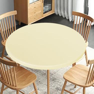 Imagem de Obstal Toalha de mesa redonda ajustada, toalha de mesa elástica resistente a manchas reversível à prova d'água, tampa de mesa limpa para uso ao ar livre/interno, serve para mesas redondas de até 101 cm - 111 cm de diâmetro, creme