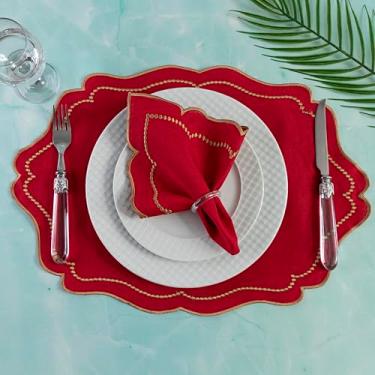 Imagem de Kit 12 Pçs 6 Lugares Mesa Posta Sousplat Jogo Americano Realeza Bordado Dourado Vermelho