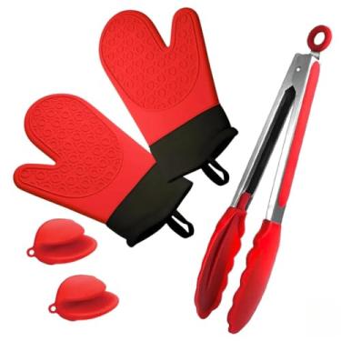 Imagem de Kit 5 Luvas Térmicas de Cozinha Silicone – Alta Temperatura para Churrasco no Carvão(Vermelho)