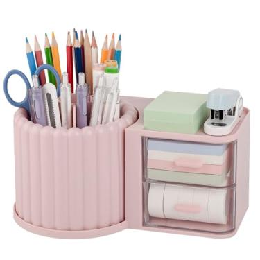 Imagem de Anyoifax Suporte giratório de 360°, organizador de 7 compartimentos, com gaveta, copo de lápis removível, materiais de arte de plástico e acessórios, caixa de armazenamento de mesa para escritório