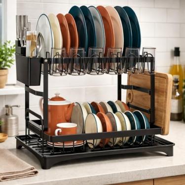 Imagem de Escorredor de Louça em Aço Carbono Duplo c/Suportes, Bandeja Coletora e Dreno 360°